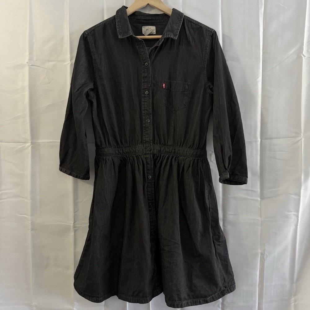 Levis Jean Dress L A-line Black Charcoal Denim Button Front Pockets Rockabilly *